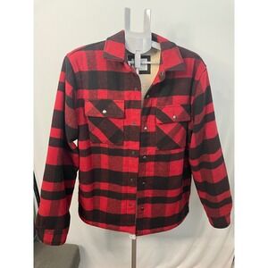 Old Navy Mens Medium Red Black Plaid Sherpa Lined Button Up Shacket Jacket